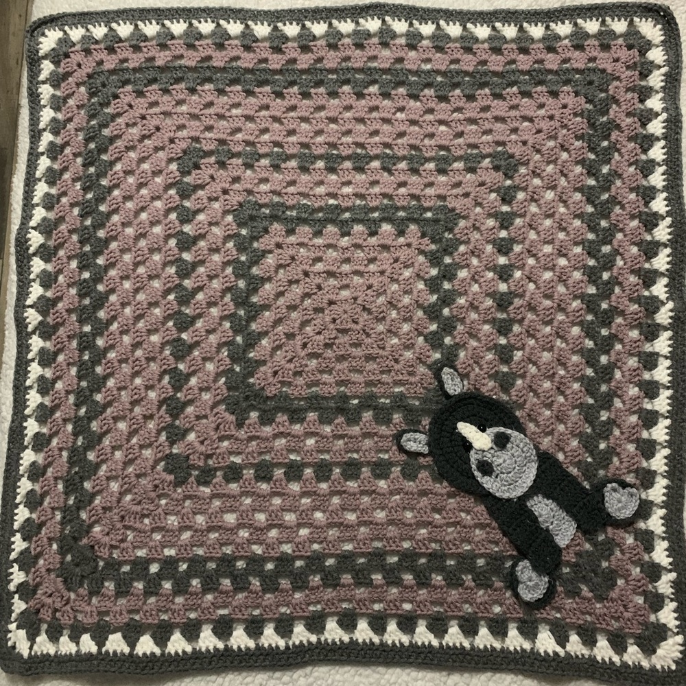Handmade Crochet Granny Square Baby/Lap Blanket with Rhino Appliqué